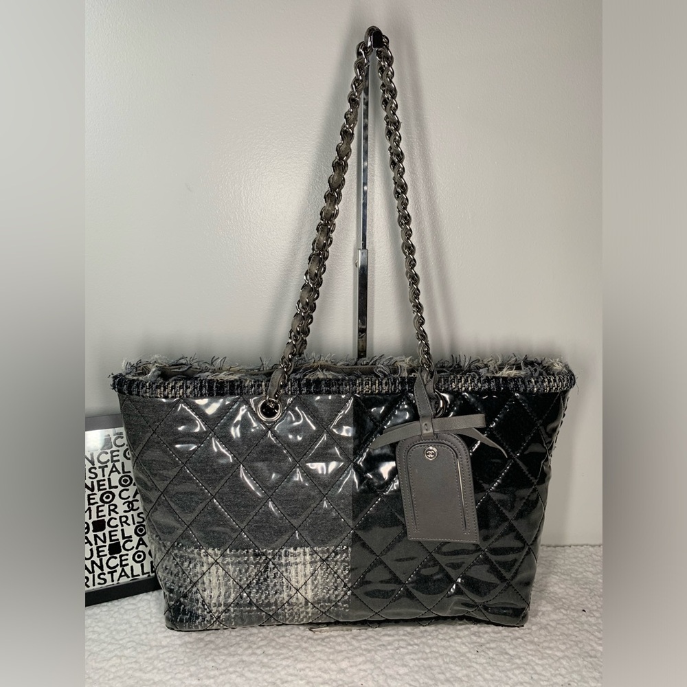 SOLD!!!Chanel Funny Tweed Patchwork Tote Quilted Vinyl Coated Large Gray